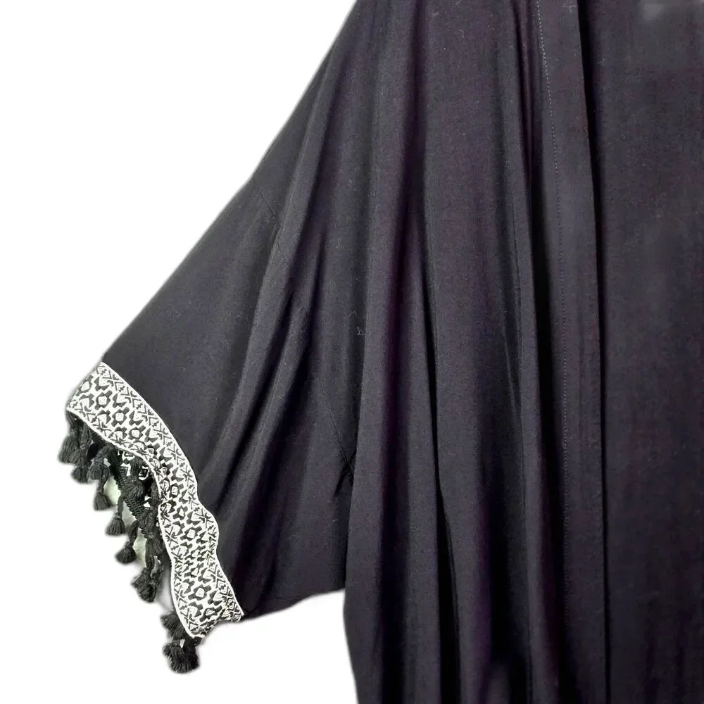 H&M Coachella Open Front Black Tassel Trim Festival Cover Up L Boho